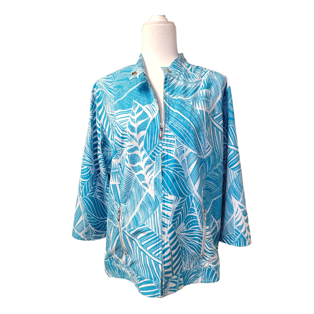 Additions by Chicos Sz 2 (L/12) Light Jacket Teal and White Floral